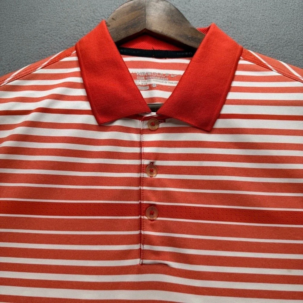 Nike‎ Golf Polo Shirt Tour Performance Dri-Fit Large Orange White Striped Mens